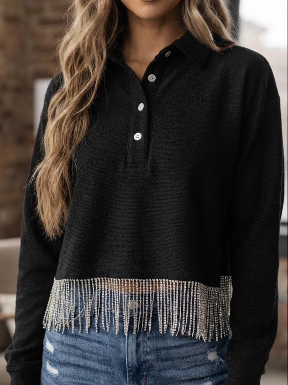 Blue Velvet BNWT Embellished Fringe Hem Pullover - black